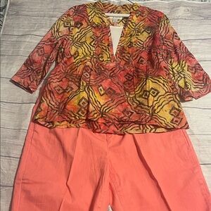 Colorful Patterned Blouse and coral capris Set